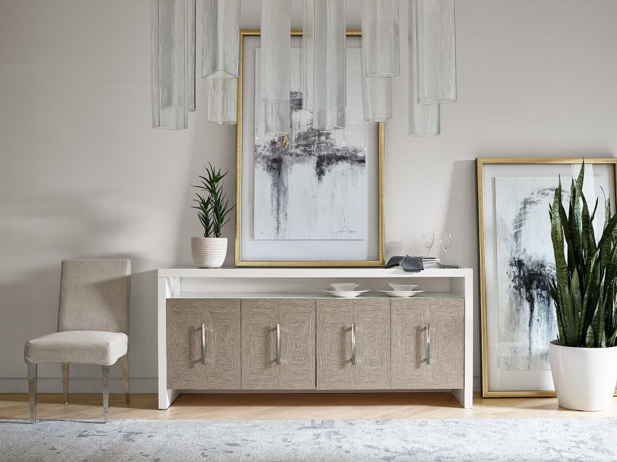 The appearance of Modern Pumice Porter Sideboard designed by Universal in the transitional interior design. This ivory and white piece of furniture  was selected by 1StopBedrooms from Modern Collection to add a touch of cosiness and style into your home. Sku: 964778. Product Type: Sideboard. Image1