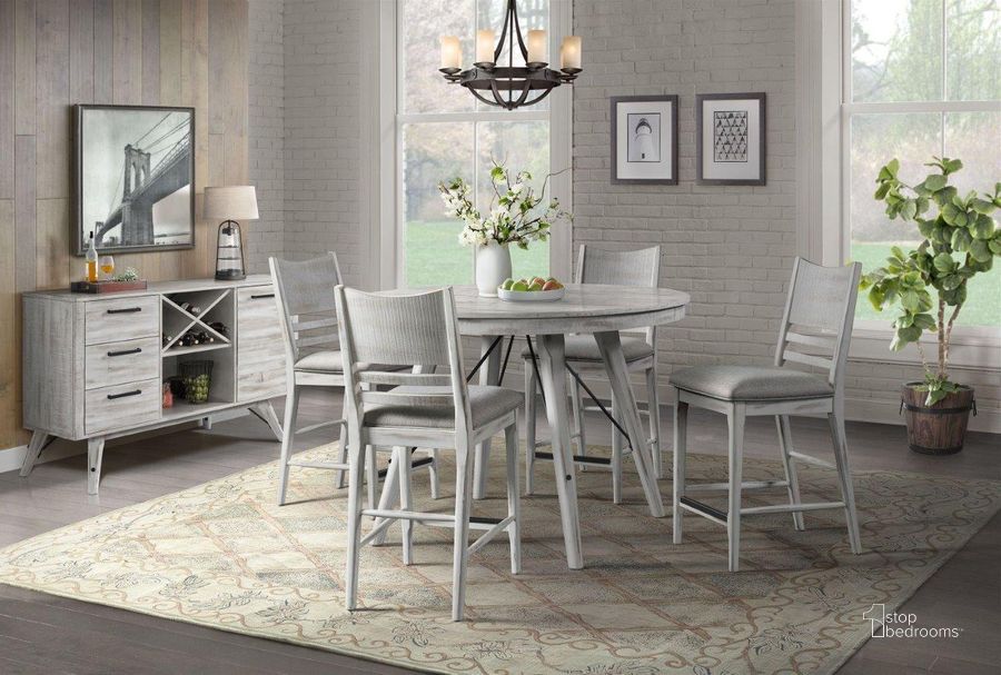 The appearance of Modern Rustic Weathered White 52 Inch Round Counter Height Dining Room Set designed by Intercon in the modern / contemporary interior design. This white piece of furniture  was selected by 1StopBedrooms from Modern Rustic Collection to add a touch of cosiness and style into your home. Sku: MR-TA-5252G-WWH-C;MR-BS-530C-WWH-K24. Table Base Style: Trestle. Table Top Shape: Round. Product Type: Dining Room Set. Image1