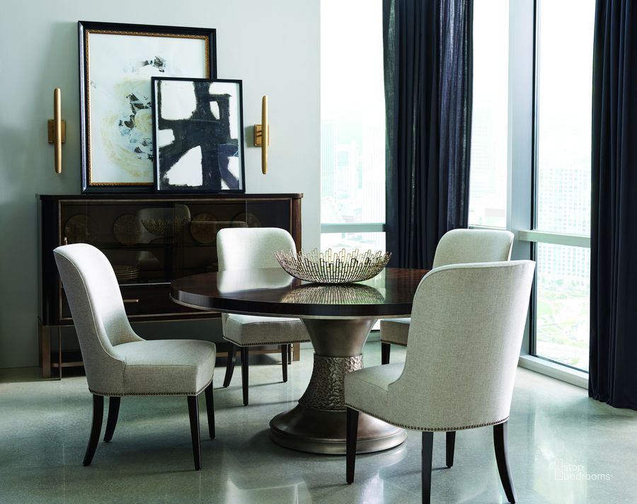 The appearance of Modern Streamline Smoked Bronze Round Pedestal Dining Room Set designed by Caracole in the modern / contemporary interior design. This brown piece of furniture  was selected by 1StopBedrooms from Modern Streamline Collection to add a touch of cosiness and style into your home. Sku: M022-417-202T;M022-417-202B;M022-417-281. Table Base Style: Pedestal. Table Top Shape: Round. Material: Wood. Product Type: Dining Room Set. Size: 64". Image1