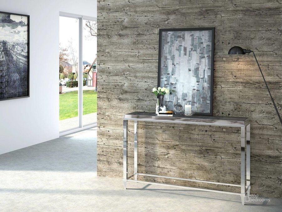 The appearance of Modrest Agar Modern Glass And Stainless Steel Console Table designed by VIG Furniture in the modern / contemporary interior design. This stainless steel piece of furniture  was selected by 1StopBedrooms from Modrest Agar Collection to add a touch of cosiness and style into your home. Sku: VGHB235X. Product Type: Console Table. Material: Stainless Steel. Image1