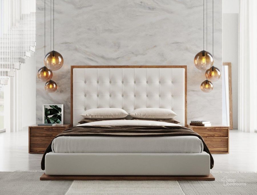 The appearance of Modrest Amberlie Queen White Vegan Leather And Walnut Bed designed by VIG Furniture in the modern / contemporary interior design. This white piece of furniture  was selected by 1StopBedrooms from Modrest Amberlie Collection to add a touch of cosiness and style into your home. Sku: VGMABR-96-WAL-BED-Q. Bed Type: Platform Bed. Material: Leather. Product Type: Platform Bed. Bed Size: Queen. Image1
