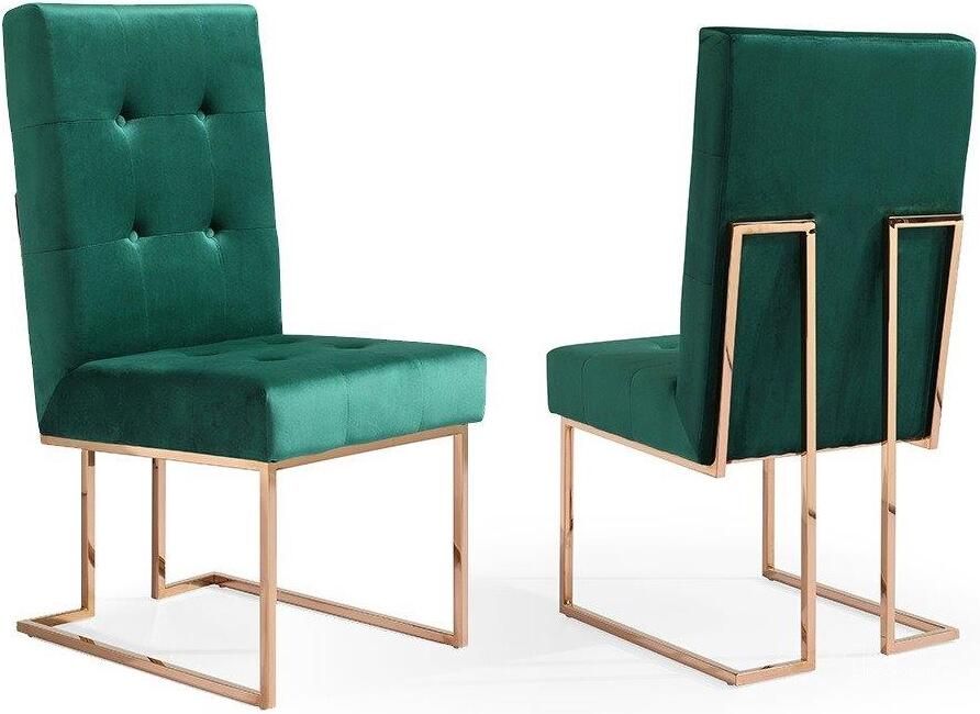 The appearance of Modrest Legend Modern Green Velvet And Rosegold Dining Chair Set Of 2 designed by VIG Furniture in the modern / contemporary interior design. This green piece of furniture  was selected by 1StopBedrooms from Modrest Legend Collection to add a touch of cosiness and style into your home. Sku: VGVCB012-GRN. Product Type: Dining Chair. Material: Stainless Steel. Image1