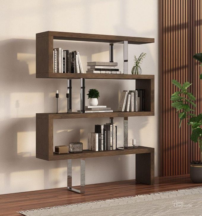 The appearance of Modrest Maze Modern Walnut Bookcase designed by VIG Furniture in the modern / contemporary interior design. This walnut piece of furniture  was selected by 1StopBedrooms from Modrest Maze Collection to add a touch of cosiness and style into your home. Sku: VGBBMD105-WAL. Product Type: Bookcase. Material: Stainless Steel. Image1