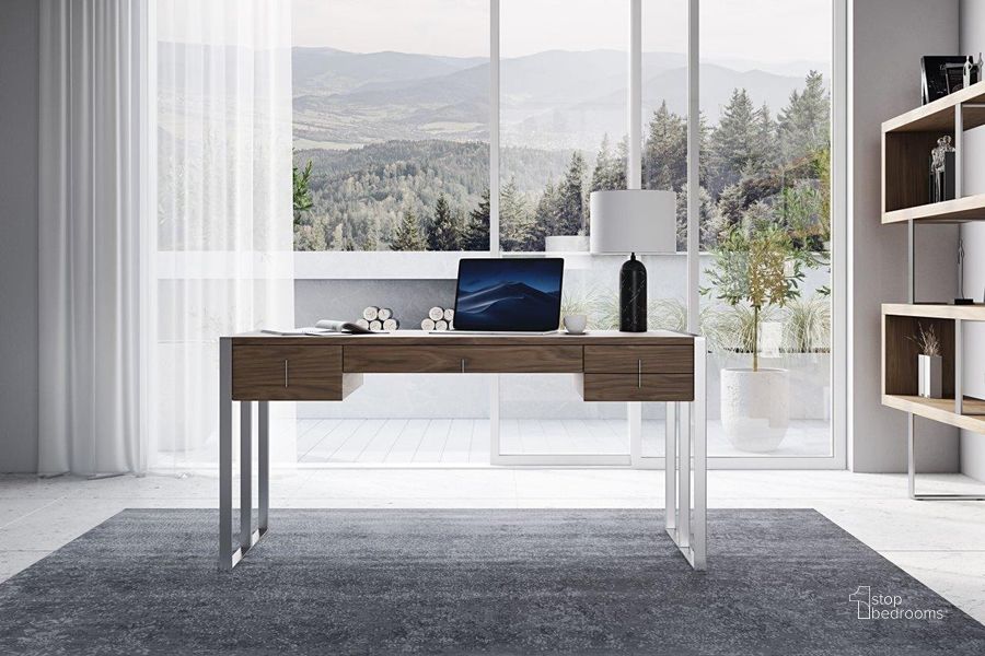The appearance of Modrest Orcutt Modern Walnut And Stainless Steel Desk designed by VIG Furniture in the modern / contemporary interior design. This walnut piece of furniture  was selected by 1StopBedrooms from Modrest Collection to add a touch of cosiness and style into your home. Sku: VGBBMQ2003-DESK. Product Type: Office Desk. Material: Stainless Steel. Image1