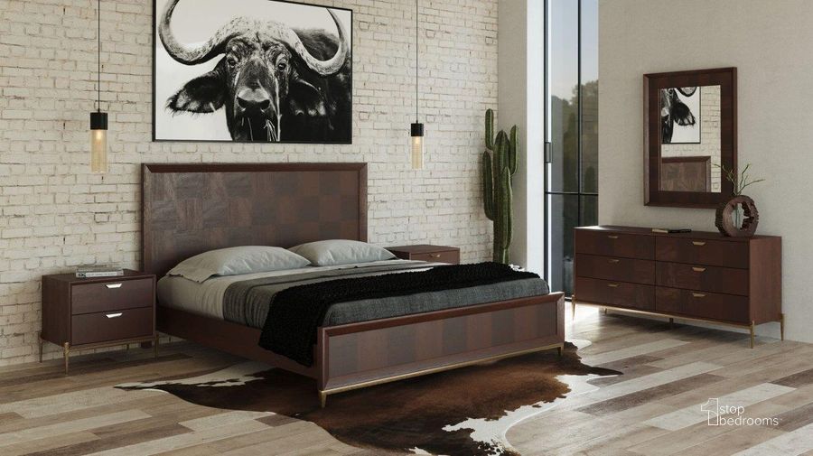 The appearance of Modrest Shane Queen Modern Acacia And Brass Bed designed by VIG Furniture in the modern / contemporary interior design. This brown piece of furniture  was selected by 1StopBedrooms from Modrest Shane Collection to add a touch of cosiness and style into your home. Sku: VGNXSHANE-BED-Q. Bed Type: Panel Bed. Material: Wood. Product Type: Panel Bed. Bed Size: Queen. Image1