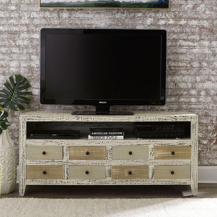 The appearance of Mojave Distressed 61 Inch Console designed by Progressive Furniture in the transitional interior design. This white and brown piece of furniture  was selected by 1StopBedrooms from Mojave Collection to add a touch of cosiness and style into your home. Sku: E786-61. Product Type: TV Stands and TV Console. Material: Pine. Image1