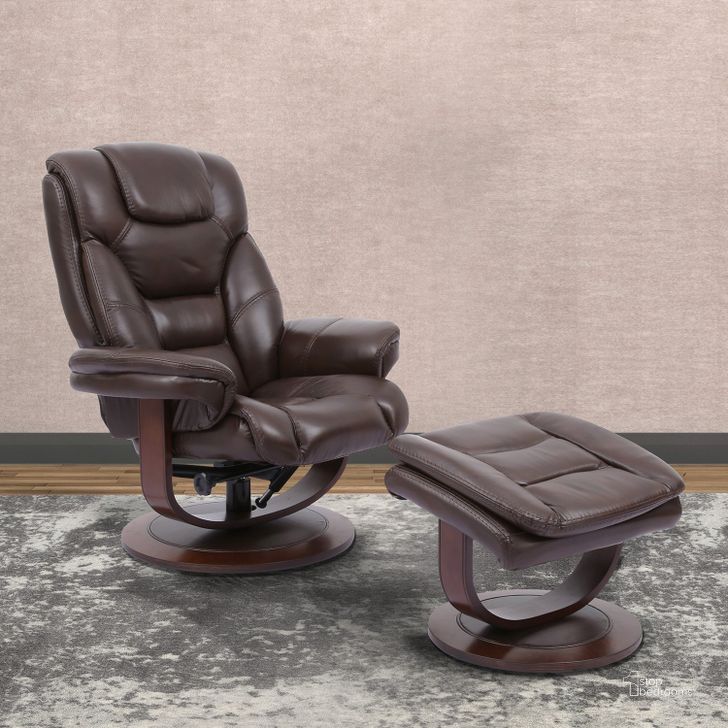 The appearance of Monarch Robust Swivel Recliner with Ottoman designed by Parker House in the modern / contemporary interior design. This dark brown piece of furniture  was selected by 1StopBedrooms from Monarch Collection to add a touch of cosiness and style into your home. Sku: MMON#212S-ROB. Material: Leather. Product Type: Recliners and Rocker.
