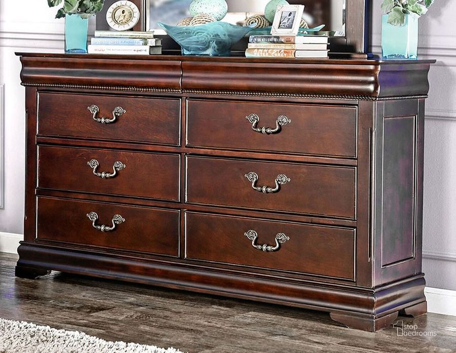 The appearance of Mont Belvieu Cherry Hidden Drawer Dresser designed by Homelegance in the traditional interior design. This brown piece of furniture  was selected by 1StopBedrooms from Mont Belvieu Collection to add a touch of cosiness and style into your home. Sku: 1869-5. Material: Wood. Product Type: Dresser. Image1