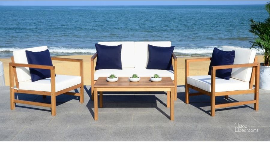 The appearance of Montez Teak, White and Navy 4-Piece Outdoor Set with Accent Pillows designed by Safavieh in the modern / contemporary interior design. This natural piece of furniture  was selected by 1StopBedrooms from Montez Collection to add a touch of cosiness and style into your home. Sku: PAT7030A. Material: Steel. Product Type: Outdoor Conversation Set. Image1