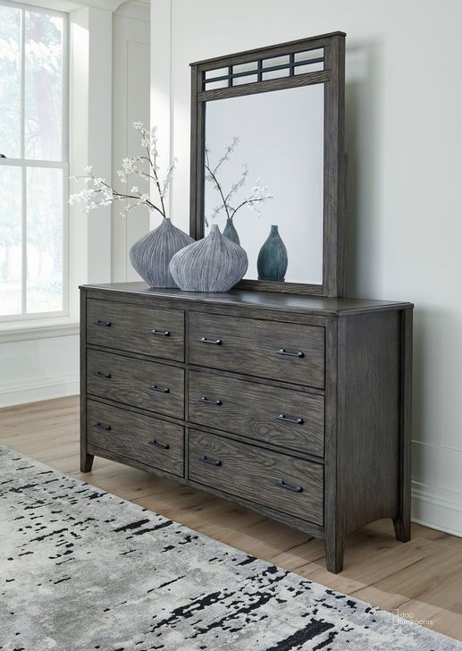 The appearance of Montillan Dresser and Mirror In Grayish Brown designed by Signature Design by Ashley in the transitional interior design. This grayish brown piece of furniture  was selected by 1StopBedrooms from Montillan Collection to add a touch of cosiness and style into your home. Sku: B651-31;B651-36. Material: Wood. Product Type: Dresser and Mirror. Image1