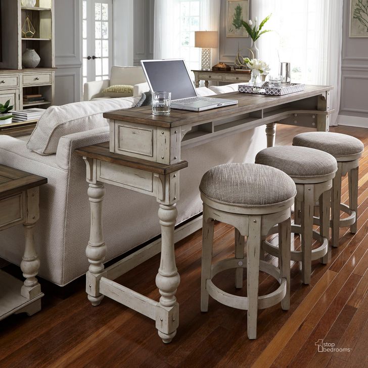 The appearance of Morgan Creek 4 Piece Console Set With 1 Console and 3 Stools In Antique White With Wirebrushed Tobacco Accents designed by Liberty in the traditional interior design. This antique white piece of furniture  was selected by 1StopBedrooms from Morgan Creek Collection to add a touch of cosiness and style into your home. Sku: 498-OT7736;498-OT9003;498-OT9003;498-OT9003. Product Type: Bar Set. Material: Poplar. Image1