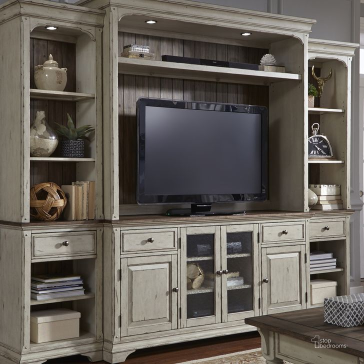 The appearance of Morgan Creek Antique White Entertainment Center designed by Liberty in the traditional interior design. This cream piece of furniture  was selected by 1StopBedrooms from Morgan Creek Collection to add a touch of cosiness and style into your home. Sku: 498-EC69;498-TV68. Material: Wood. Product Type: Entertainment Center. Image1