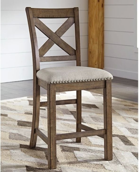 The appearance of Moriville Upholstered Barstool Set of 2 designed by Signature Design by Ashley in the transitional interior design. This beige piece of furniture  was selected by 1StopBedrooms from Moriville Collection to add a touch of cosiness and style into your home. Sku: D631-124. Material: Wood. Product Type: Counter Height Chair. Image1