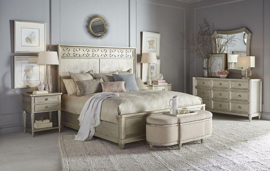 The appearance of Morrissey Bezel Silver Cashin  Panel Bedroom Set designed by A.R.T. in the transitional interior design. This beige piece of furniture  was selected by 1StopBedrooms from Morrissey Collection to add a touch of cosiness and style into your home. Sku: 218155-2727HB;218155-2727FB;218155-2727RS;218140-2727. Bed Type: Panel Bed. Material: Wood. Product Type: Panel Bed. Bed Size: Queen. Image1