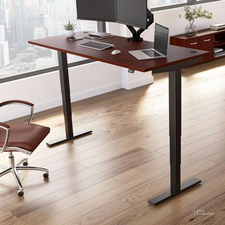 The appearance of Move 40 Series by Bush Business Furniture 72W x 30D Electric Height Adjustable Standing Desk in Hansen Cherry with Black Base designed by Bush Furniture in the transitional interior design. This hansen cherry piece of furniture  was selected by 1StopBedrooms from Move 40 Series Collection to add a touch of cosiness and style into your home. Sku: M4S7230HCBK. Product Type: Desk. Image1