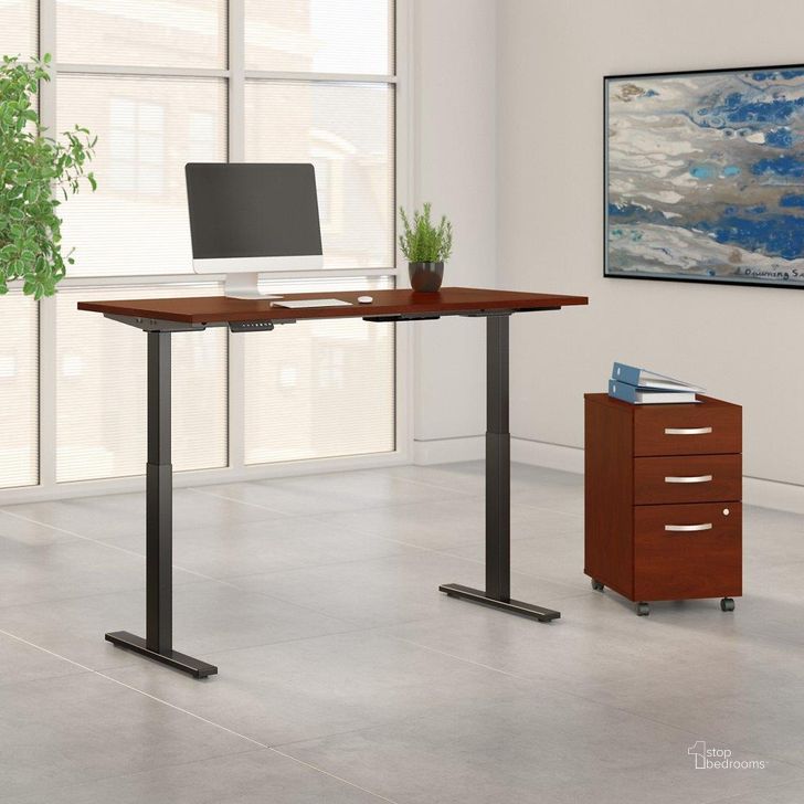 The appearance of Move 60 Series by Bush Business Furniture 60W x 30D Height Adjustable Standing Desk with Storage in Hansen Cherry with Black Base designed by Bush Furniture in the transitional interior design. This hansen cherry piece of furniture  was selected by 1StopBedrooms from Move 60 Series Collection to add a touch of cosiness and style into your home. Sku: M6S005HC. Product Type: Desk. Image1