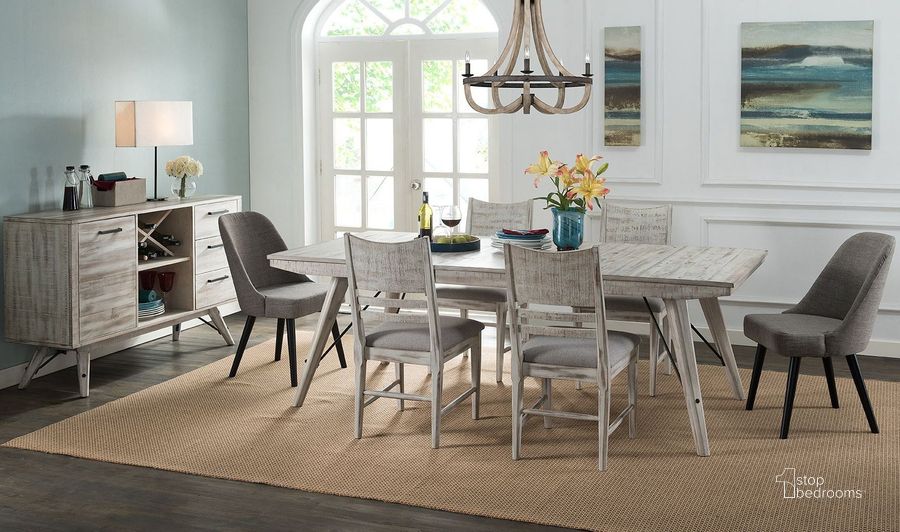 The appearance of Modern Rustic Trestle Dining Room Set designed by Intercon in the rustic / southwestern interior design. This gray piece of furniture  was selected by 1StopBedrooms from Modern Rustic Collection to add a touch of cosiness and style into your home. Sku: MR-TA-4290-WWH-C;MR-CH-530C-WWH-RTA. Table Base Style: Trestle. Product Type: Dining Room Set. Table Top Shape: Rectangular. Image1
