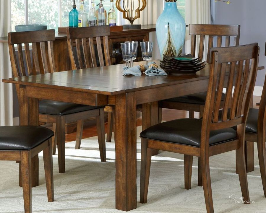 The appearance of Mariposa 100" Rustic Whiskey Extendable Leg Dining Table designed by A-America in the transitional interior design. This whiskey piece of furniture  was selected by 1StopBedrooms from Mariposa Collection to add a touch of cosiness and style into your home. Sku: MRPRW6201. Table Base Style: Legs. Product Type: Dining Table. Table Top Shape: Rectangular. Material: Rubberwood. Image1
