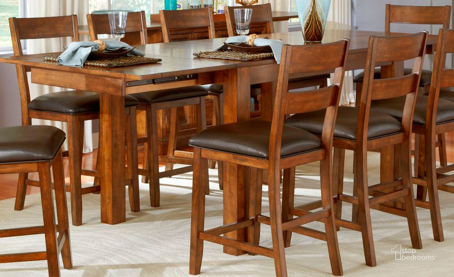 The appearance of Mariposa 100" Rustic Whiskey Extendable Gathering Height Leg Dining Table designed by A-America in the transitional interior design. This whiskey piece of furniture  was selected by 1StopBedrooms from Mariposa Collection to add a touch of cosiness and style into your home. Sku: MRPRW6701. Table Base Style: Trestle. Product Type: Dining Table. Table Top Shape: Rectangular. Material: Rubberwood. Image1