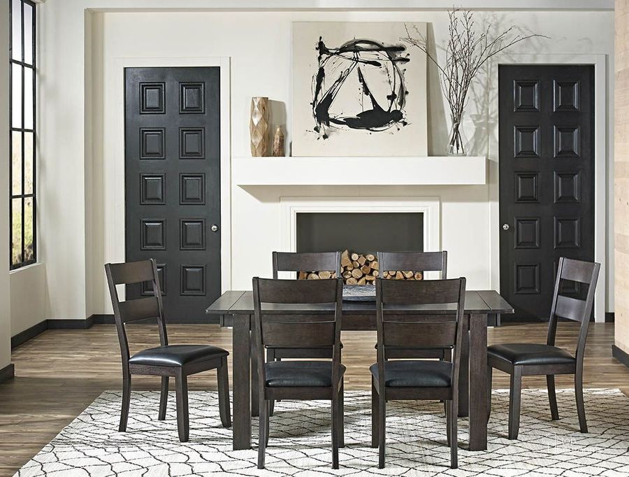 The appearance of Mariposa Warm Gray 100" Extendable Rectangular Leg Dining Room Set designed by A-America in the transitional interior design. This gray piece of furniture  was selected by 1StopBedrooms from Mariposa Collection to add a touch of cosiness and style into your home. Sku: MRPWG6201;MRPWG2552. Table Base Style: Legs. Product Type: Dining Room Set. Table Top Shape: Rectangular. Material: Rubberwood. Image1