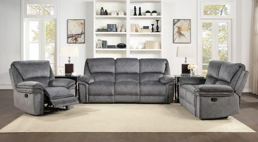 The appearance of Muirfield Gray Double Reclining Living Room Set designed by Homelegance in the modern / contemporary interior design. This gray piece of furniture  was selected by 1StopBedrooms from Muirfield Collection to add a touch of cosiness and style into your home. Sku: 9913-3;9913-2WC. Material: Wood. Product Type: Living Room Set. Image1