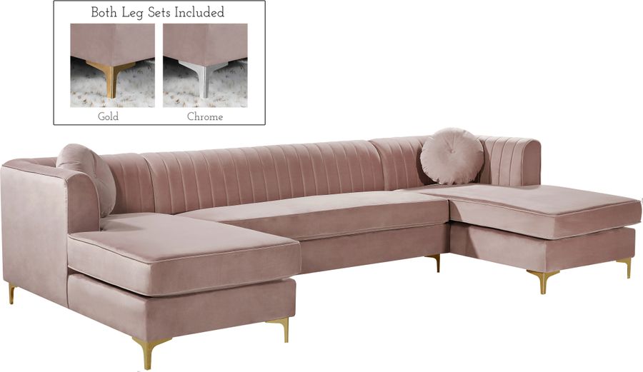 The appearance of Murray Ridge Pink Velvet Sectional designed by Furnique in the modern / contemporary interior design. This pink velvet piece of furniture  was selected by 1StopBedrooms from Murray Ridge Collection to add a touch of cosiness and style into your home. Sku: 661Pink-Sectional-1;661Pink-Sectional-2;661Pink-Sectional-3. Product Type: Sectional. Material: Velvet. Layout: U-Shape. Image1