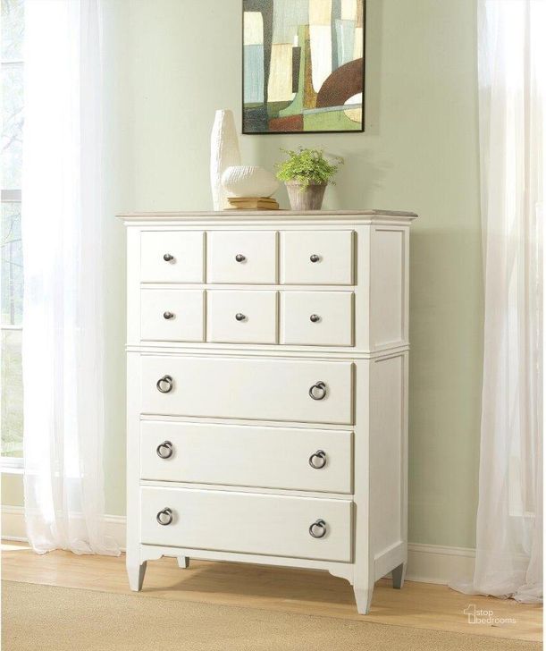 The appearance of Myra Natural And Paperwhite 5 Drawer Chest designed by Riverside Furniture in the transitional interior design. This white piece of furniture  was selected by 1StopBedrooms from Myra Collection to add a touch of cosiness and style into your home. Sku: 59565. Product Type: Chest. Image1