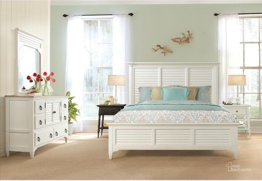 The appearance of Myra Paperwhite King Louvered Bed designed by Riverside Furniture in the transitional interior design. This white piece of furniture  was selected by 1StopBedrooms from Myra Collection to add a touch of cosiness and style into your home. Sku: 59380;59381;59373. Bed Type: Panel Bed. Product Type: Panel Bed. Bed Size: King. Image1