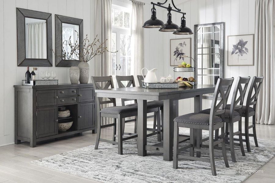 The appearance of Myshanna Gray Rectangular Extendable Counter Height Dining Room Set designed by Signature Design by Ashley in the transitional interior design. This gray piece of furniture  was selected by 1StopBedrooms from Myshanna Collection to add a touch of cosiness and style into your home. Sku: D629-32;D629-124. Material: Wood. Product Type: Dining Room Set. Table Top Shape: Rectangular. Image1