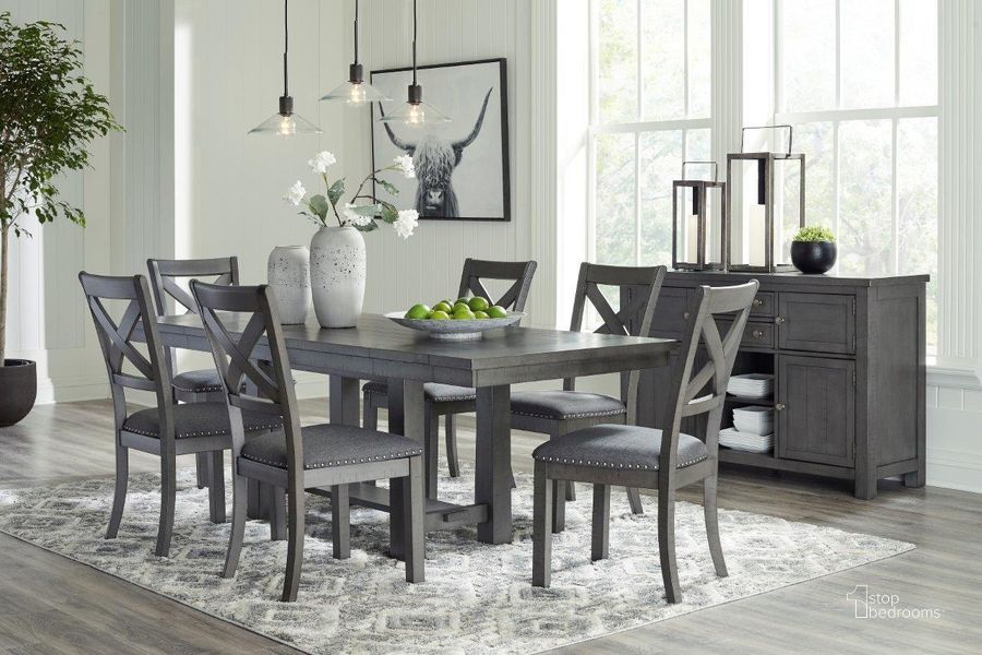 The appearance of Myshanna Grey Extendable Dining Room Set designed by Signature Design by Ashley in the transitional interior design. This gray piece of furniture  was selected by 1StopBedrooms from Myshanna Collection to add a touch of cosiness and style into your home. Sku: D629-45;D629-01. Table Base Style: Trestle. Material: Wood. Product Type: Dining Room Set. Table Top Shape: Rectangular. Image1