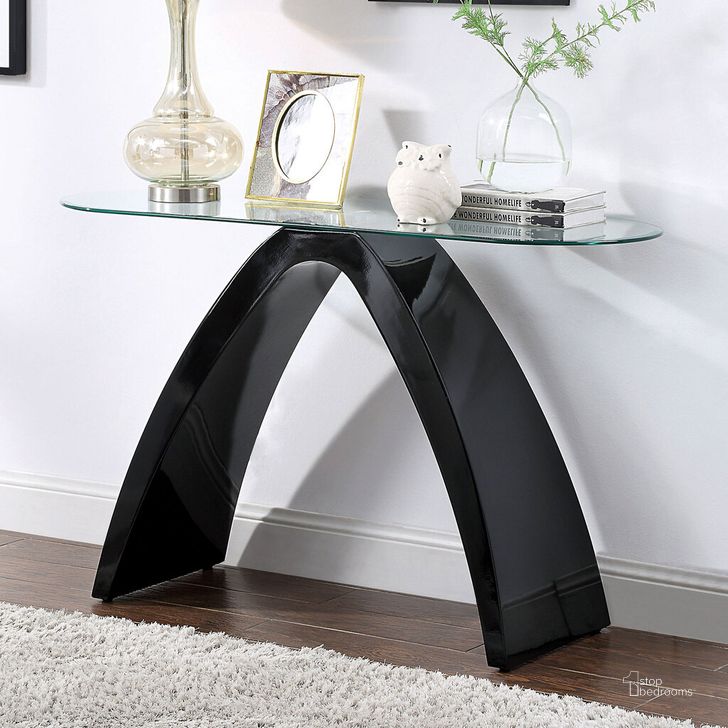 The appearance of Nahara Sofa Table In Black designed by Furniture of America in the modern / contemporary interior design. This black piece of furniture  was selected by 1StopBedrooms from Nahara Collection to add a touch of cosiness and style into your home. Sku: FOA4042BK-S-1;FOA4042BK-S-2. Material: Glass. Product Type: Sofa Table. Image1