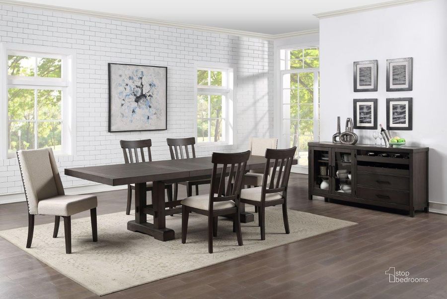 The appearance of Napa Dusky Cedar Extendable Dining Room Set designed by Steve Silver in the transitional interior design. This brown piece of furniture  was selected by 1StopBedrooms from Napa Collection to add a touch of cosiness and style into your home. Sku: NP500T;NP500S. Table Base Style: Trestle. Material: Wood. Product Type: Dining Room Set. Table Top Shape: Rectangular. Size: 42". Image1