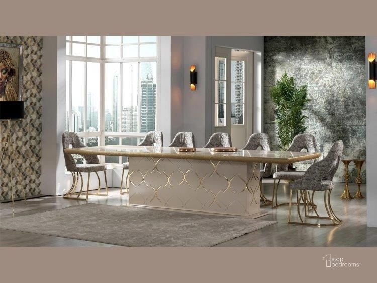 The appearance of Napoli 102 Inch Dining Room Table In Cream designed by Furnia in the modern / contemporary interior design. This cream piece of furniture  was selected by 1StopBedrooms from Napoli Collection to add a touch of cosiness and style into your home. Sku: 115-NAP-DT-10. Table Base Style: Pedestal. Material: Wood. Product Type: Dining Table. Table Top Shape: Rectangular. Size: 102". Image1