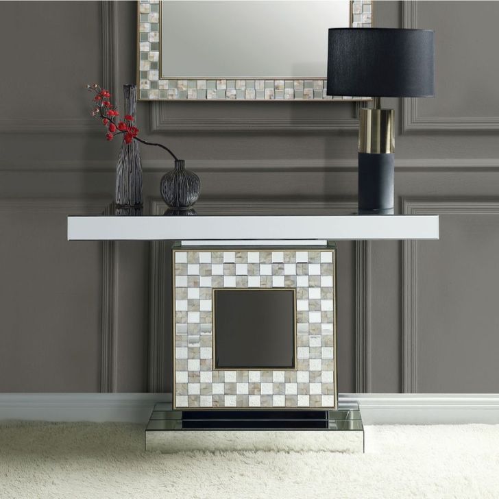 The appearance of Nasa Mirrored/Mother of Pearl Console Table designed by ACME in the glam interior design. This mirrored piece of furniture  was selected by 1StopBedrooms from Nasa Collection to add a touch of cosiness and style into your home. Sku: 90500T;90501ST. Material: Wood. Product Type: Console Table. Image1