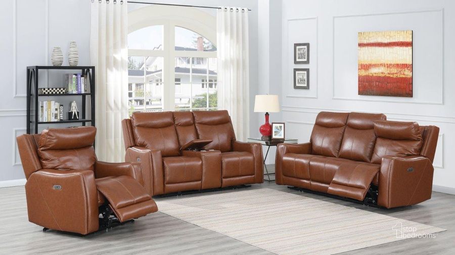 The appearance of Natalia Caramel Leather Power Reclining Living Room Set designed by Steve Silver in the modern / contemporary interior design. This brown piece of furniture  was selected by 1StopBedrooms from Natalia Collection to add a touch of cosiness and style into your home. Sku: NT850SC;NT850LC. Product Type: Living Room Set. Material: Plywood. Image1