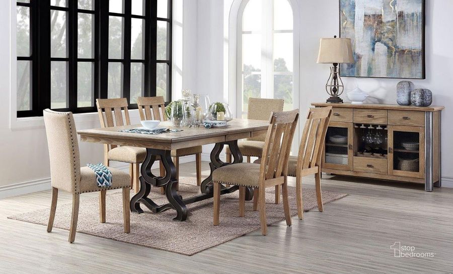 The appearance of Nathaniel Dining Room Set With Chair Choices designed by ACME in the transitional interior design. This maple piece of furniture  was selected by 1StopBedrooms from Nathaniel Collection to add a touch of cosiness and style into your home. Sku: 62330T;62331ST;62332. Table Base Style: Trestle. Material: Wood. Product Type: Dining Room Set. Table Top Shape: Rectangular. Size: 42". Image1