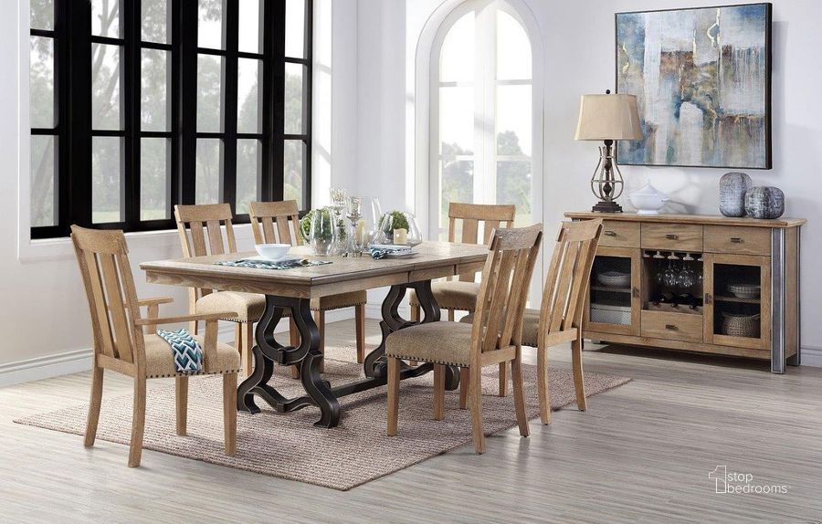 The appearance of Nathaniel Dining Room Set designed by ACME in the transitional interior design. This maple piece of furniture  was selected by 1StopBedrooms from Nathaniel Collection to add a touch of cosiness and style into your home. Sku: 62330T;62331ST;62332. Table Base Style: Trestle. Material: Wood. Product Type: Dining Room Set. Table Top Shape: Rectangular. Size: 42". Image1