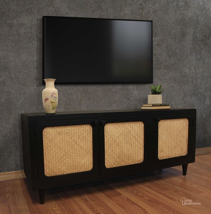 The appearance of Navice 3 Door Plasma Stand In Natural and Black designed by Moti in the  interior design. This natural/black piece of furniture  was selected by 1StopBedrooms from Navice Collection to add a touch of cosiness and style into your home. Sku: 71609002. Material: Wood. Product Type: TV Stand. Image1
