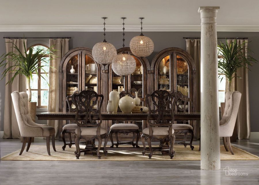 The appearance of Rhapsody Brown Rectangular Dining Room Set designed by Hooker in the traditional interior design. This beige piece of furniture  was selected by 1StopBedrooms from Rhapsody Collection to add a touch of cosiness and style into your home. Sku: 5070-75007;5070-75008;5070-75410. Table Base Style: Trestle. Material: Wood. Product Type: Dining Room Set. Table Top Shape: Rectangular. Image1