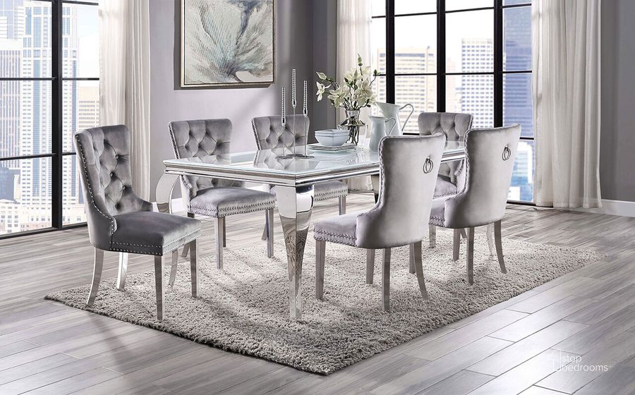 The appearance of Neuveville Dining Table In White and Chrome designed by Furniture of America in the glam interior design. This white and chrome piece of furniture  was selected by 1StopBedrooms from Neuveville Collection to add a touch of cosiness and style into your home. Sku: CM3903WH-T-1;CM3903T-2;CM3903T-3. Table Base Style: Legs. Product Type: Dining Table. Table Top Shape: Rectangular. Material: Stainless Steel. Image1