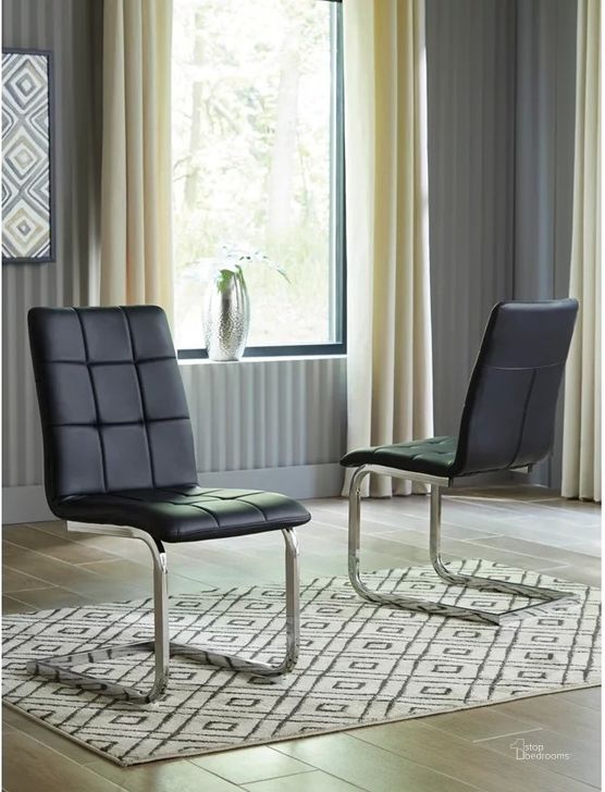 The appearance of Newbliss Black and Chrome Side Chair Set of 4 designed by Artisan Elegance in the modern / contemporary interior design. This black and chrome piece of furniture  was selected by 1StopBedrooms from Newbliss Collection to add a touch of cosiness and style into your home. Sku: D275-01. Product Type: Side Chair. Material: Leather Match. Image1