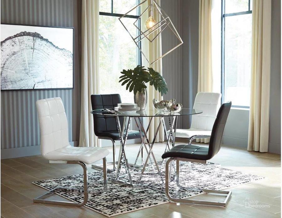The appearance of Newbliss Chrome Dining Table designed by Artisan Elegance in the modern / contemporary interior design. This chrome piece of furniture  was selected by 1StopBedrooms from Newbliss Collection to add a touch of cosiness and style into your home. Sku: D275-15. Table Base Style: Trestle. Table Top Shape: Round. Material: Glass. Product Type: Dining Table. Size: 47". Image1