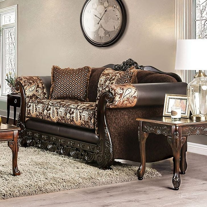 The appearance of Newdale Loveseat In Brown And Gold designed by Furniture of America in the traditional interior design. This brown and gold piece of furniture  was selected by 1StopBedrooms from Newdale Collection to add a touch of cosiness and style into your home. Sku: SM6427-LV. Material: Wood. Product Type: Loveseat. Image1