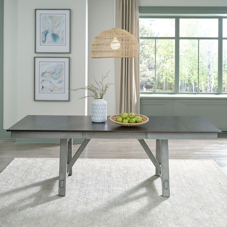 The appearance of Newport Trestle Table Set In Smokey Gray With Carbon Gray Top designed by Liberty in the transitional interior design. This gray piece of furniture  was selected by 1StopBedrooms from Newport Collection to add a touch of cosiness and style into your home. Sku: 131-P4094;131-T4094. Table Base Style: Trestle. Product Type: Counter Height Table. Table Top Shape: Rectangular. Material: Rubberwood. Image1