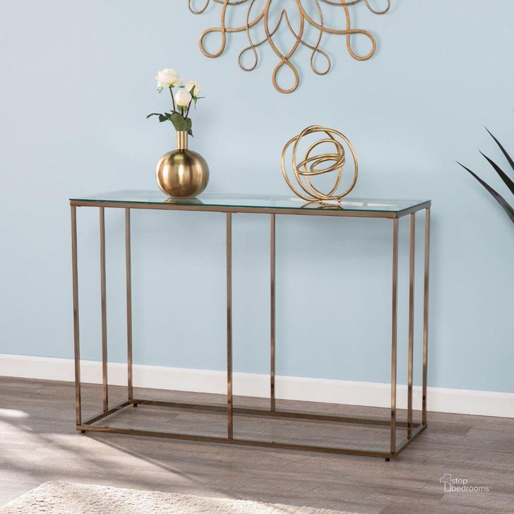 The appearance of Nicholance Contemporary Glassintop Console Table designed by SEI Furniture in the modern / contemporary interior design. This champagne piece of furniture  was selected by 1StopBedrooms from Nicholance Collection to add a touch of cosiness and style into your home. Sku: CK1082103. Product Type: Console Table. Material: Iron. Image1