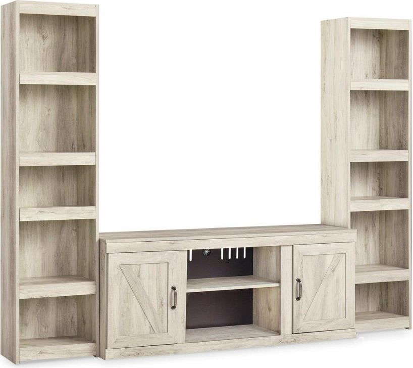 The appearance of Nickleby White Wash Entertainment Center and Wall 0qd24495441 designed by Isaac Tahari in the transitional interior design. This white wash piece of furniture  was selected by 1StopBedrooms from Nickleby Collection to add a touch of cosiness and style into your home. Sku: EW0331-268;EW0331-124;EW0331-124. Material: Wood. Product Type: Entertainment Centers and Wall. Image1
