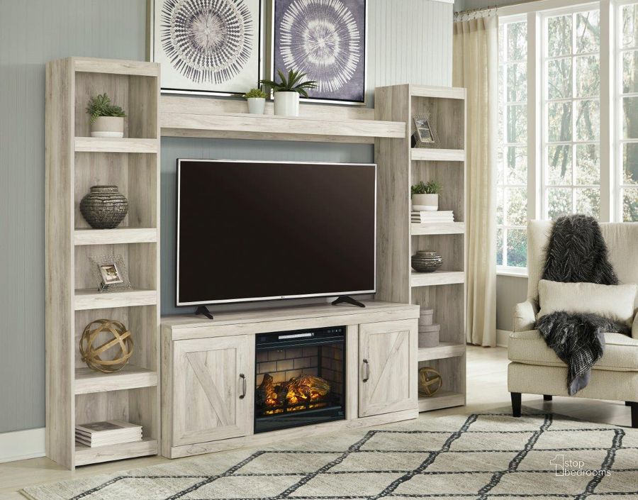 The appearance of Nickleby White Wash Entertainment Center and Wall 0qd24495442 designed by Isaac Tahari in the transitional interior design. This white wash piece of furniture  was selected by 1StopBedrooms from Nickleby Collection to add a touch of cosiness and style into your home. Sku: EW0331-268;EW0331-124;EW0331-124;EW0331-127;W100-101. Material: Wood. Product Type: Entertainment Wall. Image1