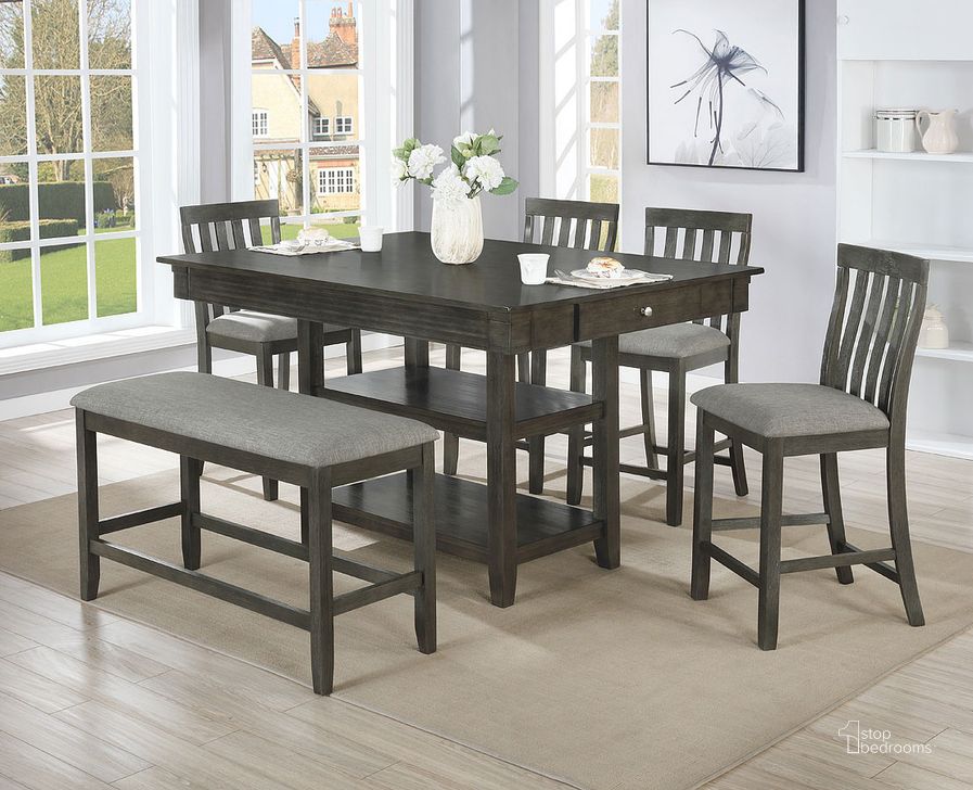 The appearance of Nina Counter Height Dining Room Set (Grey) designed by Crown Mark in the transitional interior design. This grey piece of furniture  was selected by 1StopBedrooms from Nina Collection to add a touch of cosiness and style into your home. Sku: 2715GY-T-4260;2715GY-T-SHELF;2715GY-S-24. Table Top Shape: Square. Product Type: Dining Room Set. Image1
