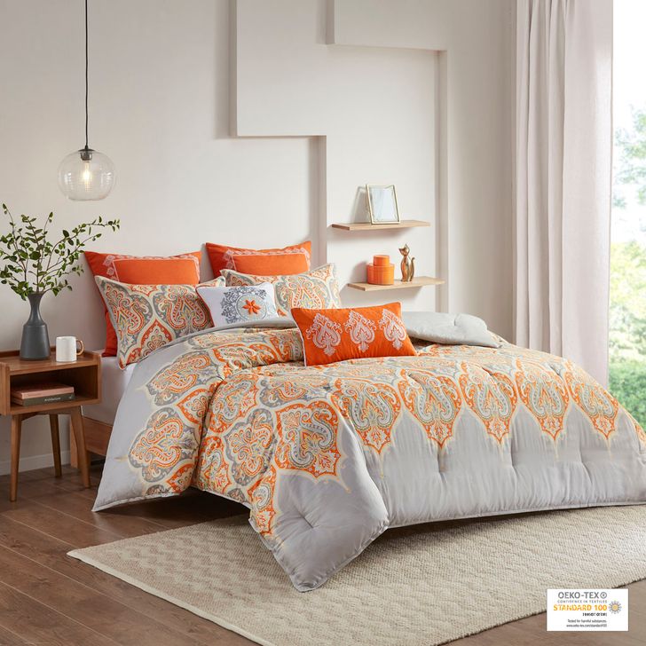 The appearance of Nisha Cotton Sateen Printed King Comforter 5Pcs Set In Orange designed by Olliix in the modern / contemporary interior design. This orange piece of furniture  was selected by 1StopBedrooms from Nisha Collection to add a touch of cosiness and style into your home. Sku: MP10-1693. Material: Polyester. Bed Size: King. Product Type: Comforter Set. Image1