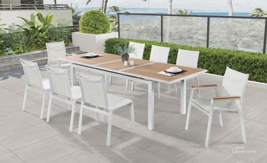 The appearance of Nizuc Brown Outdoor Dining Set designed by Meridian in the modern / contemporary interior design. This brown piece of furniture  was selected by 1StopBedrooms from Nizuc Collection to add a touch of cosiness and style into your home. Sku: 365-T;368White-C. Material: Aluminum. Table Top Shape: Rectangular. Product Type: Outdoor Dining Set. Image1